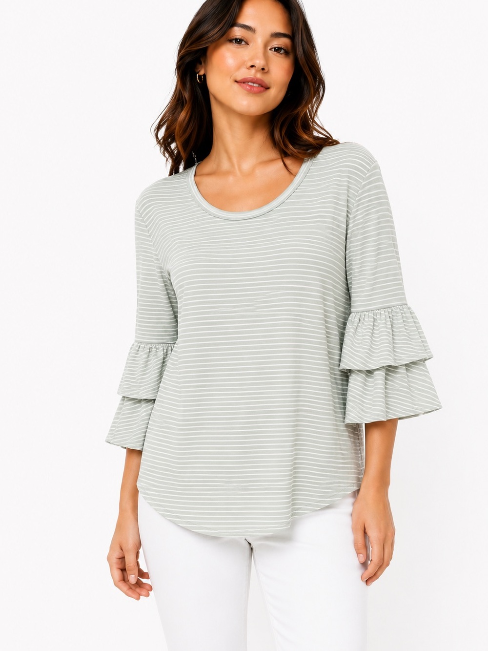 Umgee Size Small Light Green Striped Ruffle Sleeve Women's Top Oversized